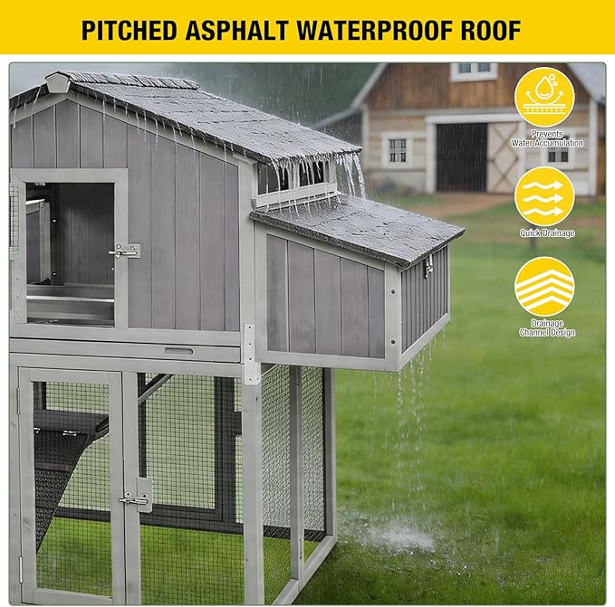 Large Chicken Coop, Wooden Chicken Coops with Nesting Boxes and Removable Tray, Waterproof Hen House with Asphalt Roof, Poultry Cage for Outdoor Backyard, Unique Folding Design
