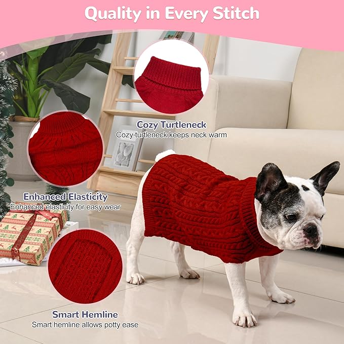 2 Pack Dog Sweaters for Medium Dogs Winter Turtleneck Pullover Cable Knit Fleece Stretch Frenchie Dachshund Pug Corgi Beagle Boy Girl Pet Clothes (M, Pink & Red)
