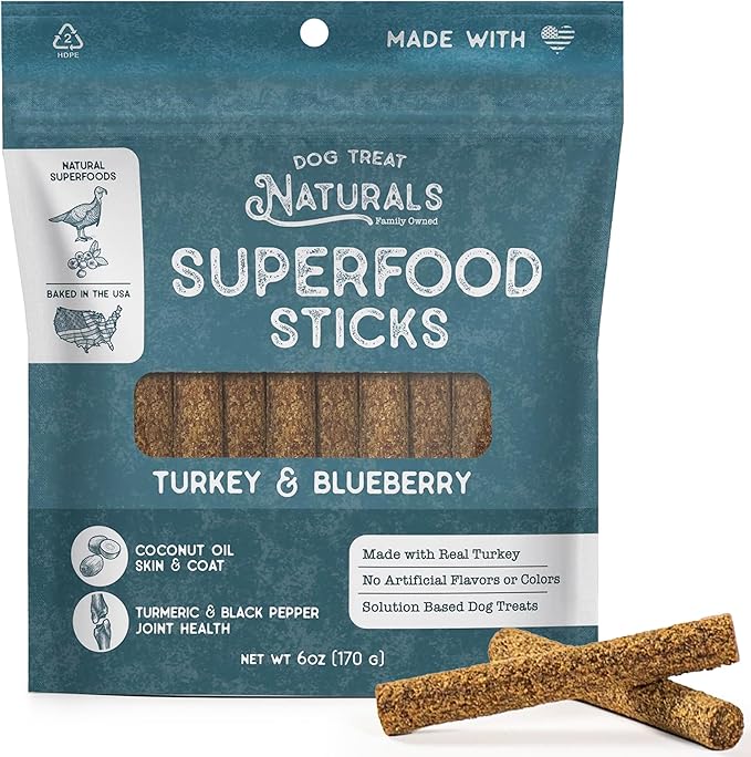 Dog Treat Naturals Superfood Sticks, Turkey & Blueberry, 6oz Bag | Dog Chew Sticks | All-Natural, Pet Training Treats | Joint-Skin-Coat Health | USA Made