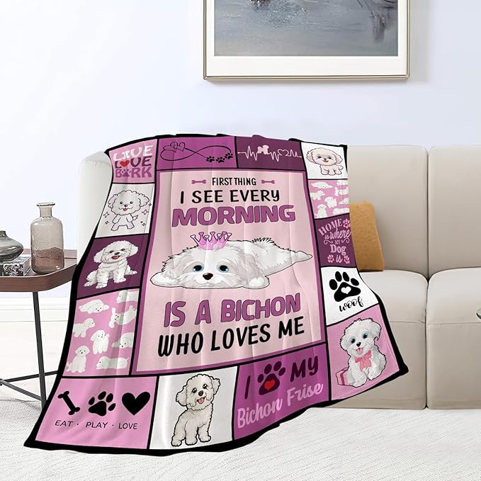banonaty Bichon Frise Blanket Dog Throw Blanket Cozy Fleece Flannel Plush Bedding Bichon Frise Gifts Stuff for Men Women Boys Teen Girls Kids for Couch Sofa Bed Decor 40"X50"
