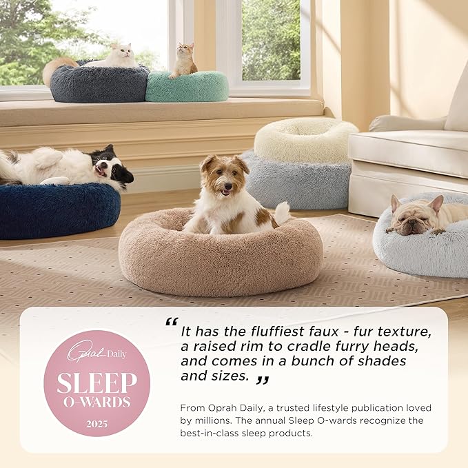 Bedsure Calming Dog Bed Medium Size Dog - Donut Washable Medium Pet Bed, 30 inches Anti-Slip Round Fluffy Plush Faux Fur Cat Bed, Fits up to 45 lbs Pets, Rifle Green