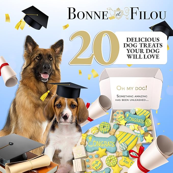 Bonne et Filou Congratulations Dog Treats, Gourmet Gift Box, 20 Luxury Human Grade Macarons, Truffles & Bone Cookies, Healthy Snacks for Medium to Large Dogs