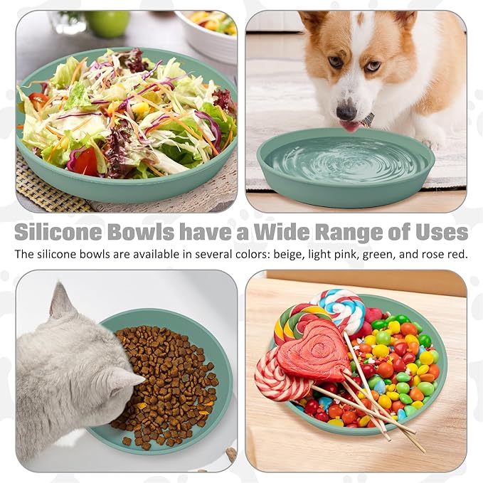 BNOSDM Silicone Cat Food Plate 2 Pack Shallow Dog Bowl Flat Puppy Feeding Dish for Small Dogs and Cats Whisker Fatigue Pet Plates for Dry and Wet Food (Green)