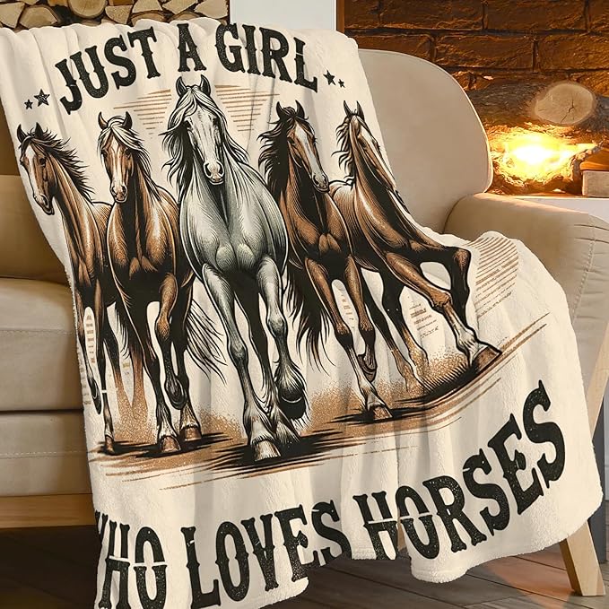 SweetFox Just A Girl Who Loves Horses Blanket, Horse Decor Throw Blanket Gifts for Girls Boys Lovers Super Warm Soft Plush Fleece Flannel Winter Bedding Blankets for Kids Adults Men Women 50"X40"
