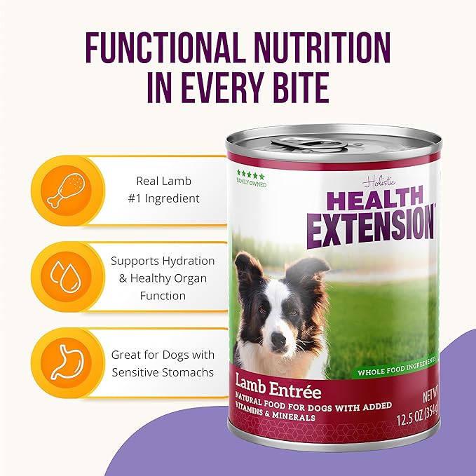 Health Extension Lamb Entrée Wet Dog Food, 12.5 oz – Protein-Rich Recipe, Hydration Support, Ideal for Sensitive Stomachs (Case of 12 Cans)