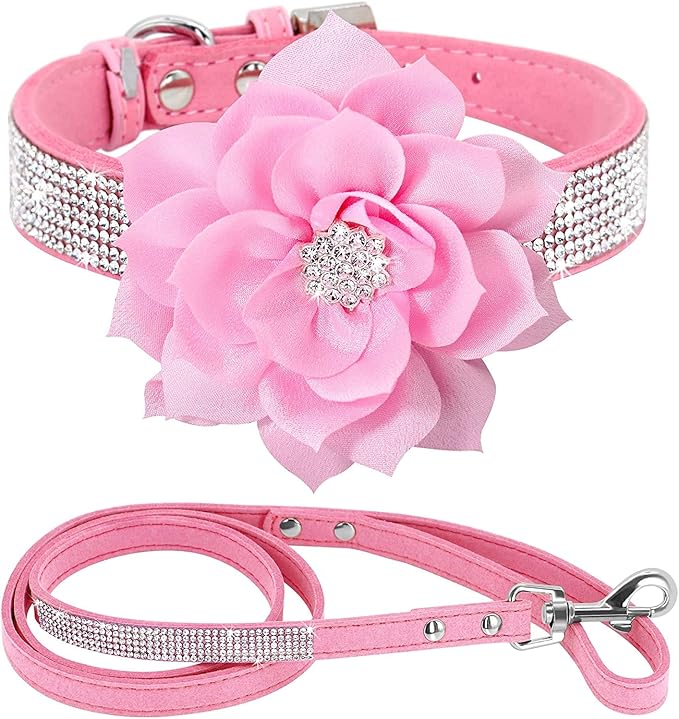 Cute Dazzling Sparkling Elegant Fancy Soft Suede Leather Bling Rhinestone Crystal Jeweled Pet Cat Dog Puppy Collar Dog Leash Combo Set (Pink7, M), Medium