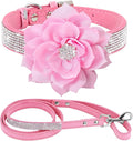 Cute Dazzling Sparkling Elegant Fancy Soft Suede Leather Bling Rhinestone Crystal Jeweled Pet Cat Dog Puppy Collar Dog Leash Combo Set (L(Neck 15-18"), Pink-6)