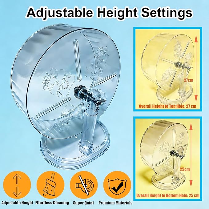 Silent Hamster Running Wheel for Small Animal Exercise Wheels Anti-Skid Adjustable Stand, Hamsters for Gerbils, Cage Mount, Rats, Mouse, Mice, Transparent (9.45inch)