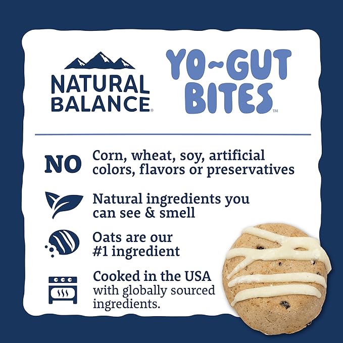Natural Balance Yo-Gut Bites Crunchy Dog Treats with Real Oats & Blueberries, Greek Yogurt Drizzle, Probiotics for Digestive Support, 10oz Bag