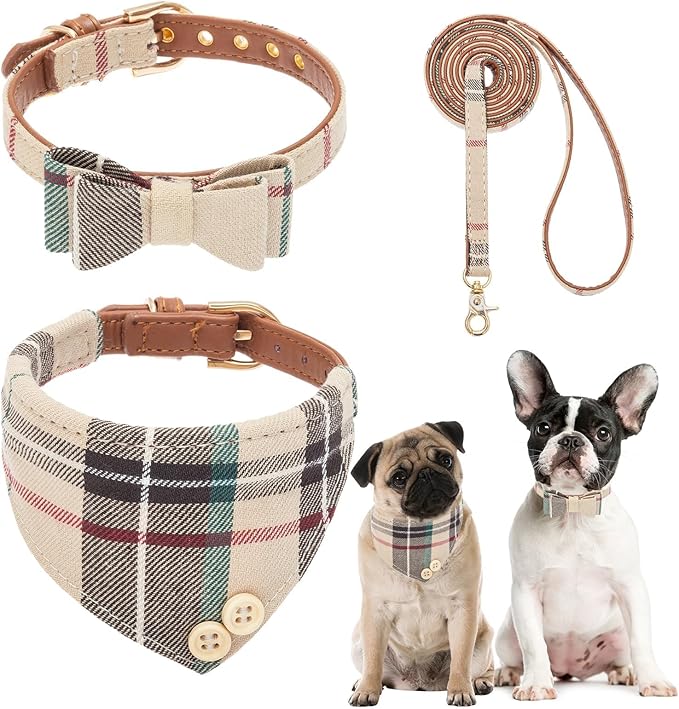 BINGPET Puppy Collar and Leash Set for Medium Dogs, Plaid Bowtie Dog Collars Bandana for Boy Girl Dogs, Cute Adjustable Collar and Leash Set with Bow for Dog Cat Outdoor Walking, Beige M (No Bell)