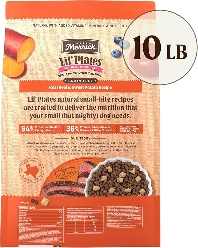 Merrick Lil’ Plates Grain Free Dry Dog Food For Small Dogs, Texas Beef And Sweet Potato Kibble With Raw Bites - 10.0 lb. Bag