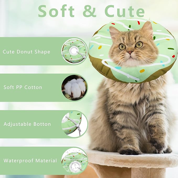 Seyezo Cat Cone Collar Soft, Adjustable Cat Recovery Collar Kitten Cones to Stop Licking, Cute Donut E Collar After Surgery, Cats Neck Pillow Cone Elizabethan Cones of Shame (Waterproof Green, Small)