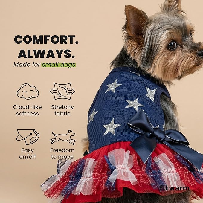 Fitwarm Patriotic Sparkly Stars Dog Dress, 4th of July Clothes for Small Dogs Girl, Pet Outfit, Royal Blue, Red, Silver, XS