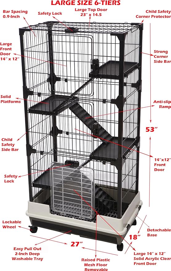 Large 5-Tiers Deluxe in/Outdoor Chinchilla Ferret Squirrel Hedgehog Kitten Rabbit Bunny Hutch House Critter Habitat Mesh Floor Easy Clean 2-Inch Deep Pull Out Tray with Rolling Casters