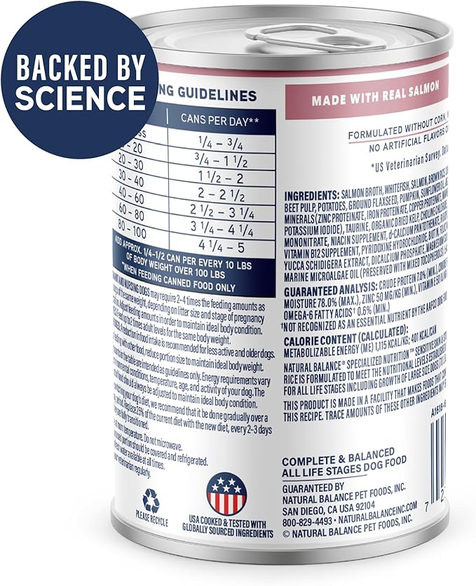 Natural Balance Specialized Nutrition Wet Dog Food, Sensitive Skin & Stomach Formula with Salmon and Brown Rice for Dogs, Natural Ingredients with Added Vitamins & Minerals - 12.7 oz. (Case of 12)