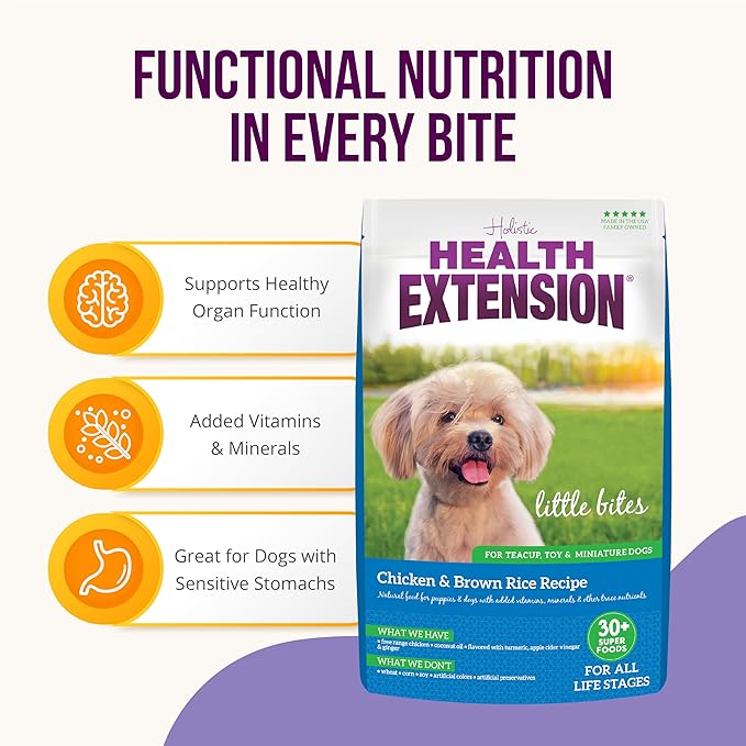 Health Extension Little Bites Dry Dog Food for Toy and Small Breeds, Chicken & Brown Rice Recipe, with Probiotics & Superfoods for Digestion & Coat Health, 10 lb Bag