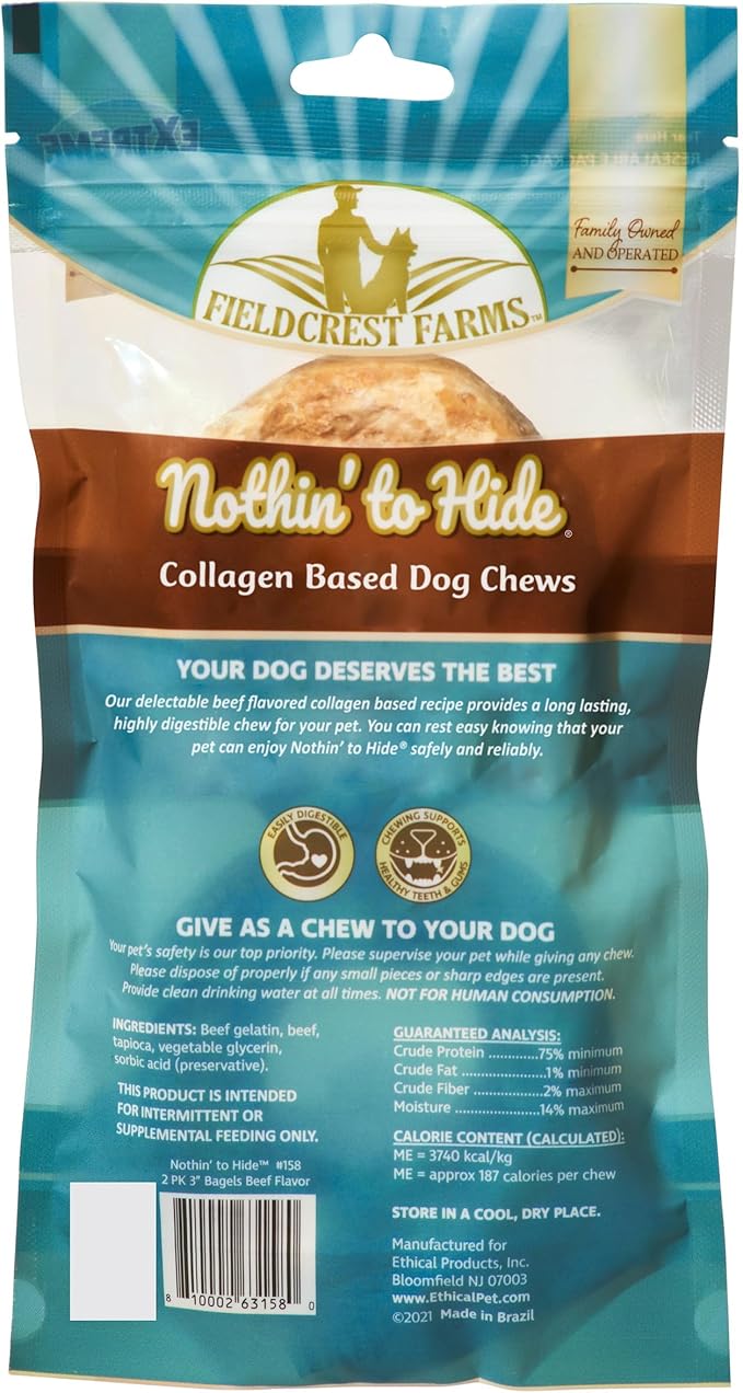 Fieldcrest Farms Nothin’ to Hide Bagel Beef Flavor – Collagen-Based Rawhide Alternative Dog Chews for Small Dogs Up to 25 lbs, Highly Digestible, Promotes Healthy Teeth & Gums, 3-Inch, 2 Pack