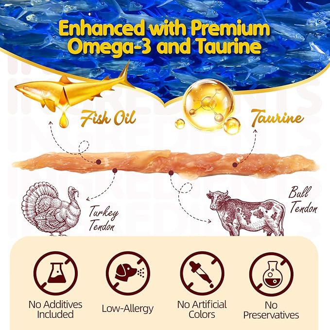 TailParty Turkey Tendons for Dogs with Fish Oil & Taurine: All Natural Dental Chews & Training Treats, Long Lasting Snack for Health-Conscious Pet Owners(Strip, 3 oz)