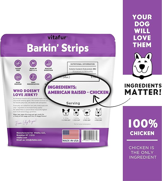 Barkin Burger Strips Made of Only Chicken Grain-Free Dog 12 oz Premium One-Ingredient Digestive Support Dog Jerky Treats, Made in USA Small Batch Healthy Single ingrediens Training Treats