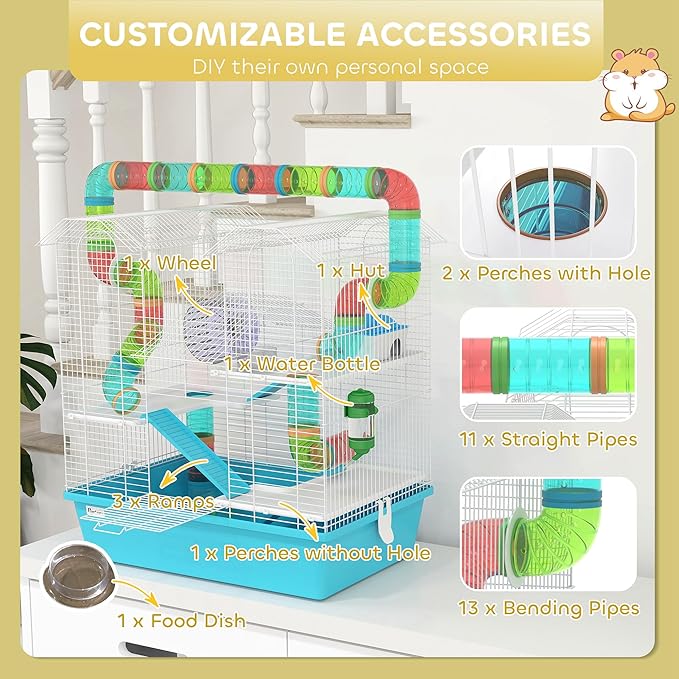 PawHut 4 Tier Hamster Cage, Large Twin Tower Design Gebril Cage with Exercise Wheel, Tubes, Hut, Ramps, Food Dish, Water Bottle, 22.8" x 14.2" x 25.6", Light Blue