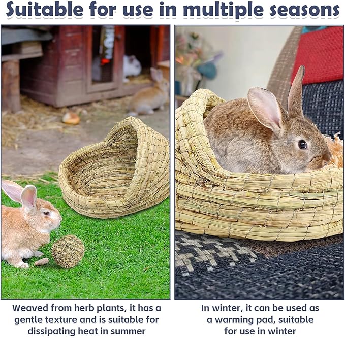 kathson Rabbit Grass House Bunny Woven Hay Bed Guinea Pig Hideout Hand Woven Natural Grass House for Hamster and Small Animals with Hay Chew Balls Toys