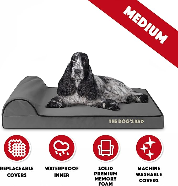 The Dog’s Bed Orthopedic Memory Foam Dog Bed with Headrest, Calming Surface – CertiPUR-Certified Foam, Oxford Fabric,Grey with Black Trim, Medium, 3-Inch
