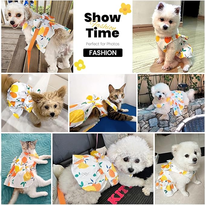 ABRRLO Cute Dog Dress Small Dog Clothes for Girls Female Puppy Outfits Yellow Lemon Pet Summer Clothes Bowknot Doggy Cat Princess Dress Harness for Holiday Birthday Party Costume Clothing(Yellow,M)
