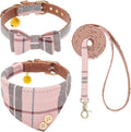 KOOLTAIL Pink Girl Dog Collar and Leash Set for Small Dogs with Bowtie and Bells - Cute Puppy Bandana Collar and Leash with Classic Plaid Pattern, Soft Leather Tangle Free Leashes for Small Dogs, XS