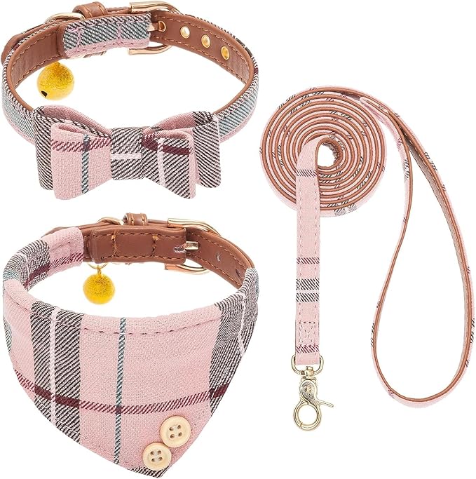 KOOLTAIL Pink Girl Dog Collar and Leash Set for Small Dogs with Bowtie and Bells - Cute Puppy Bandana Collar and Leash with Classic Plaid Pattern, Soft Leather Tangle Free Leashes for Small Dogs, XS