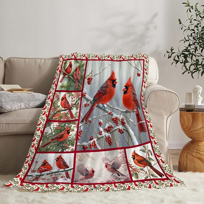Cardinal Blanket Red Bird Throw Blanket Gifts for Women Men Boys Girls Kids Adults Super Soft Cozy Plush Fluffy Fuzzy Fleece Blanket Home Decor 50''X60''