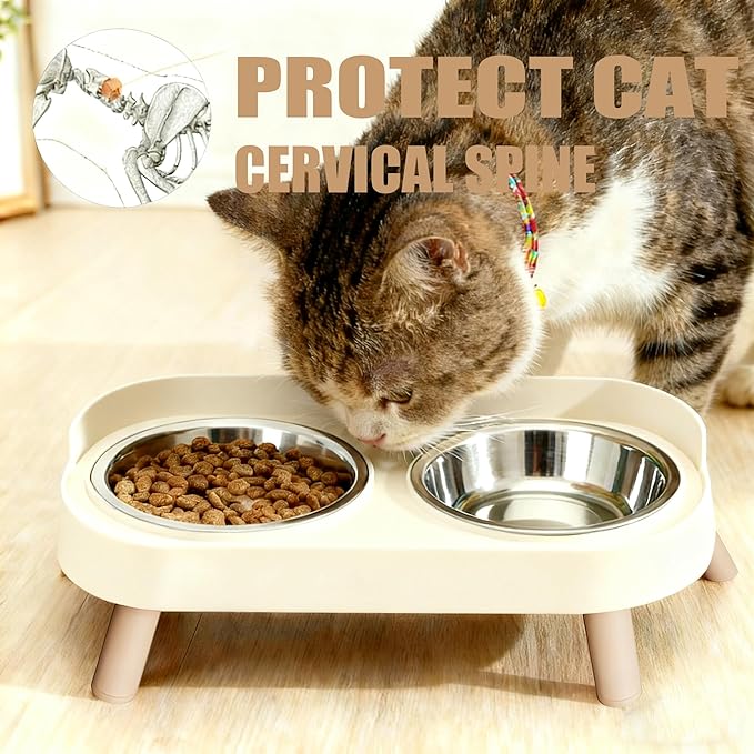 Elevated Cat Bowls, 2 Stainless Steel Raised Cat Food and Water Bowl Set, Splash Proof & Non-Slip, Whisker Fatigue Friendly, Dishwasher Safe for Cats and Small Dogs - White