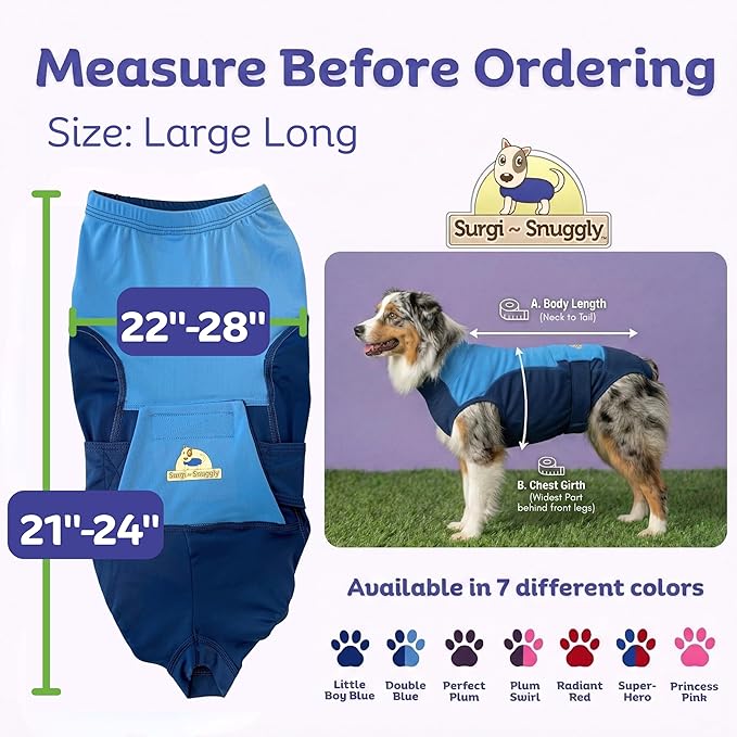 Surgi Snuggly Dog Surgery Recovery Suit – Dog Onesie for Post Surgery Recovery, Female Spay & Male Neuter – Surgical Suit for Dogs, E-Collar Cone Alternative, Double Blue - Large Long - 21" - 24" (EC)
