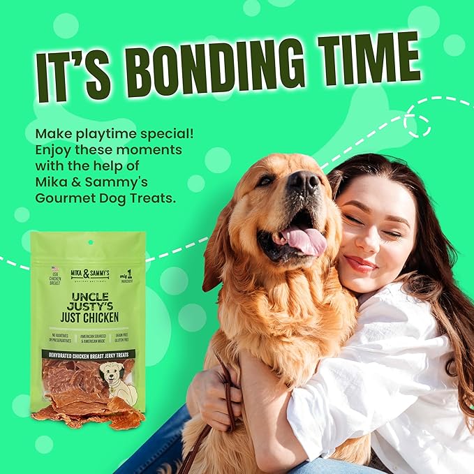 Mika & Sammy's Gourmet Jerky Dog Treats Made in The USA. (Uncle Justy's Just Chicken 5 0z)