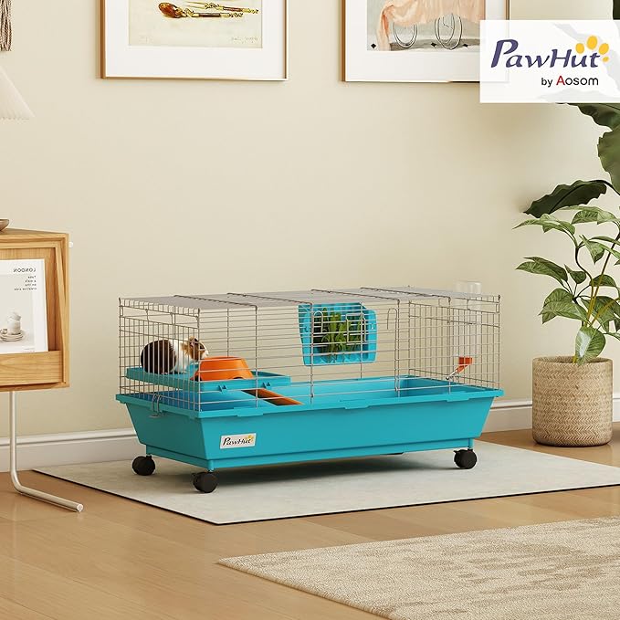 PawHut 35" L Small Animal Cage, Rolling Bunny Cage, Guinea Pig Cage with Food Dish, Water Bottle, Hay Feeder, Platform, Ramp for Chinchilla, Blue