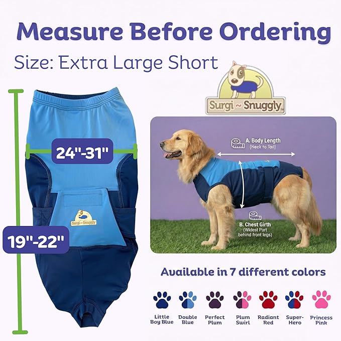 Surgi Snuggly Dog Surgery Recovery Suit - Dog Onesie for Post Surgery Recovery, Female Spay & Male Neuter - Surgical Suit for Dogs, E-Collar Cone Alternative, Double Blue - XLarge Short - 19"-22" (EC)