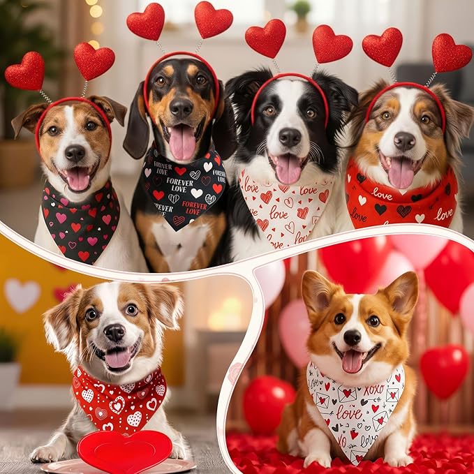 Shyyween 100 Pcs Valentine's Day Dog Bandanas Bulk for Dogs Soft Bibs Adjustable Triangle Red Love Heart Lips Bandana for Small Medium Large Pet Costume(25.6 x 17.7 x 17.7 Inch)