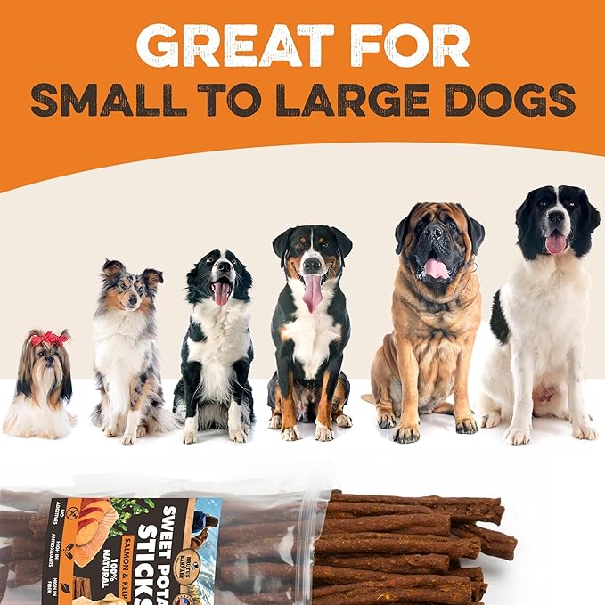 Sweet Potato Dog Treats - Grain Free, Salmon & Kelp Crunchy Sticks - Great Tasting, Promotes Positive Dog Gut Health with Natural Anti-Diarrhea Properties, No Preservatives Added (2lb Bag)