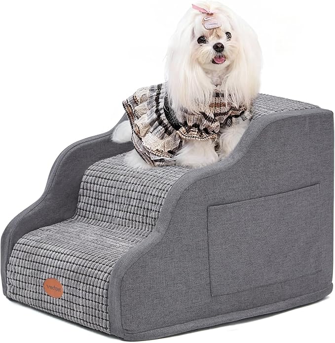 Woochpet 15.7”H Ramp Dog Stairs for Small Dogs, Side Armrest 3 Tier Wider Curved Pet Stairs for Couch and Beds，High-Density Foam Indoor Dog Steps with Non-Slip Bottom and Washable Cover for Old Cats