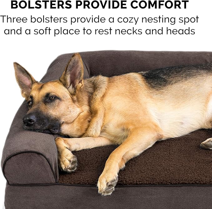 Furhaven Memory Foam Dog Bed for Medium/Small Dogs w/ Removable Bolsters & Washable Cover, For Dogs Up to 35 lbs - Sherpa & Chenille Sofa - Coffee, Medium