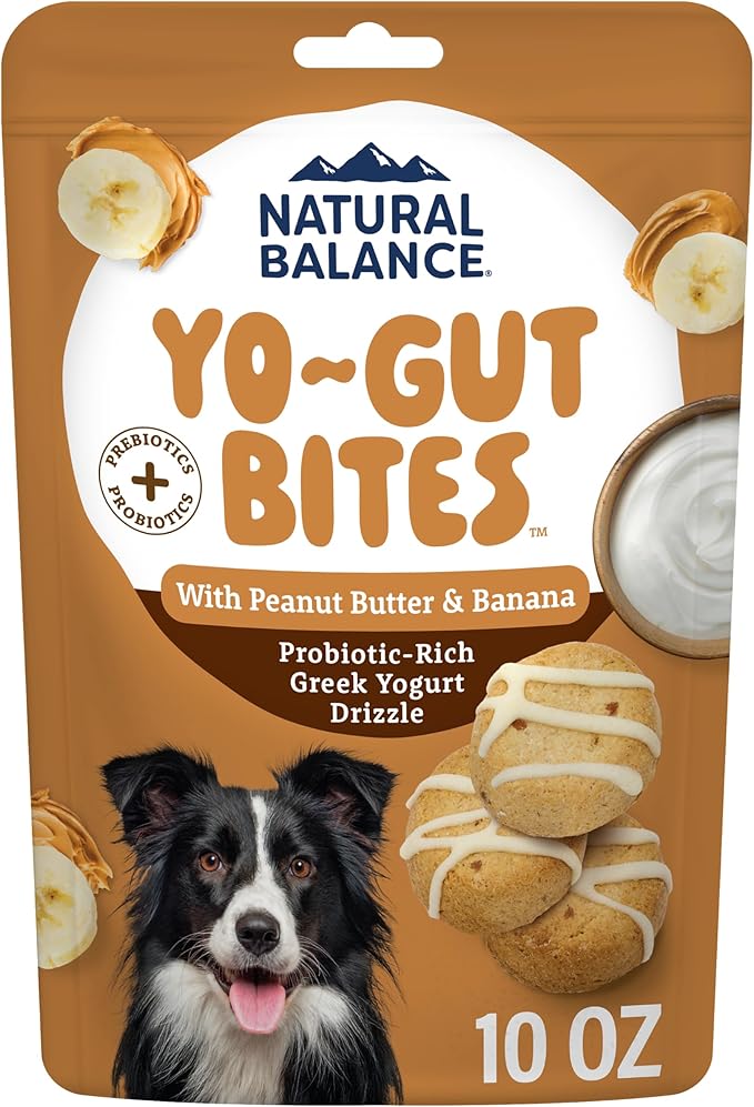 Natural Balance Yo-Gut Bites Crunchy Dog Treats with Real Peanut Butter & Banana, Greek Yogurt Drizzle, Probiotics for Digestive Support, 10oz Bag