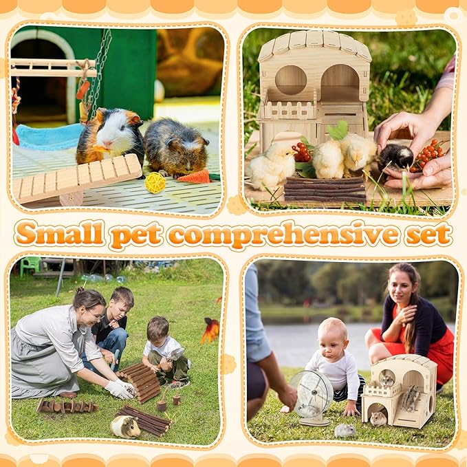 11 Pcs Hamster Cage Accessories Set, Bridge, Exercise Wheel, Swing, Chew Toys & More, Natural Wood Hamster Play Set for Dwarf Hamsters, Mice Small Animals Habitat(Wooden Hawaii House)