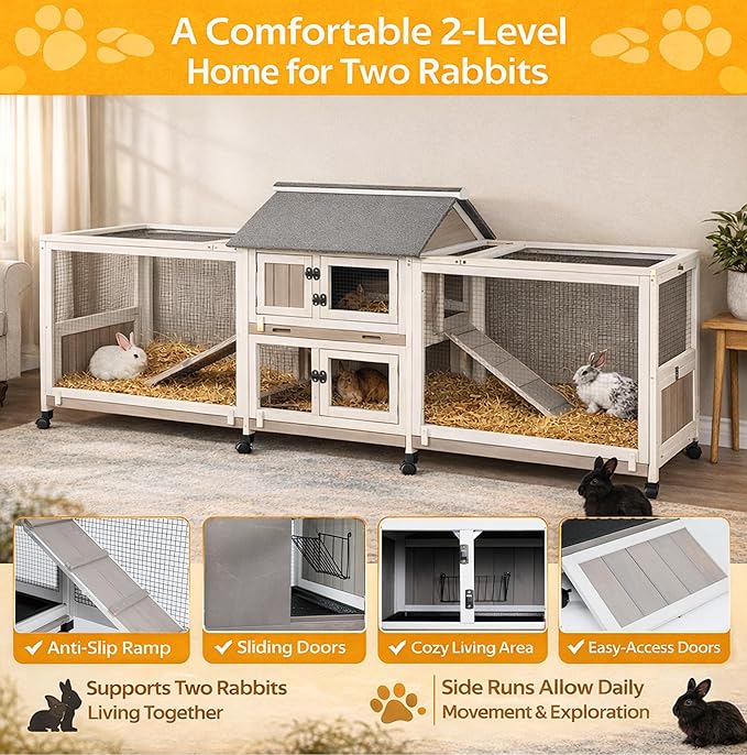 PetsCosset Outdoor Wooden Rabbit Hutch with Double Runs,Waterproof Asphalt Roof Bunny Cage with Raised Floor, Easy-Clean Design Pull Out Tray, Secure & Comfortable Hut for Rabbits