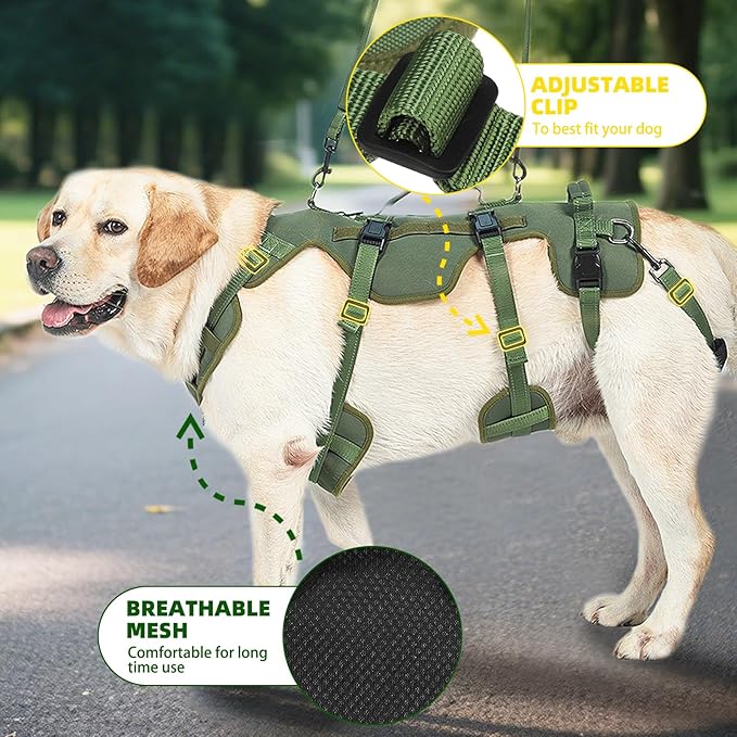 PUPTECK Dog Lift Harness for Medium Large Sized Dog, Rehabilitation Sling for Hind Leg Support, Multifunctional Mobility Assistance Harness for Old, Disabled, Joint Injuries, Paralysis Dogs, Green L