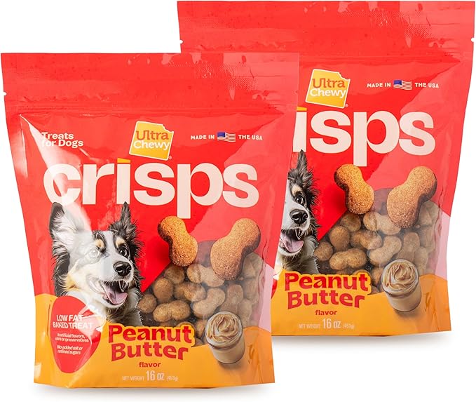 Ultra Chewy Crisps Dog Cookies - Low Fat Baked Treats Made in USA - No Artificial Flavors, Added Salt, or Sugars - Suitable for Small, Medium, Large Dogs - 2 Pack