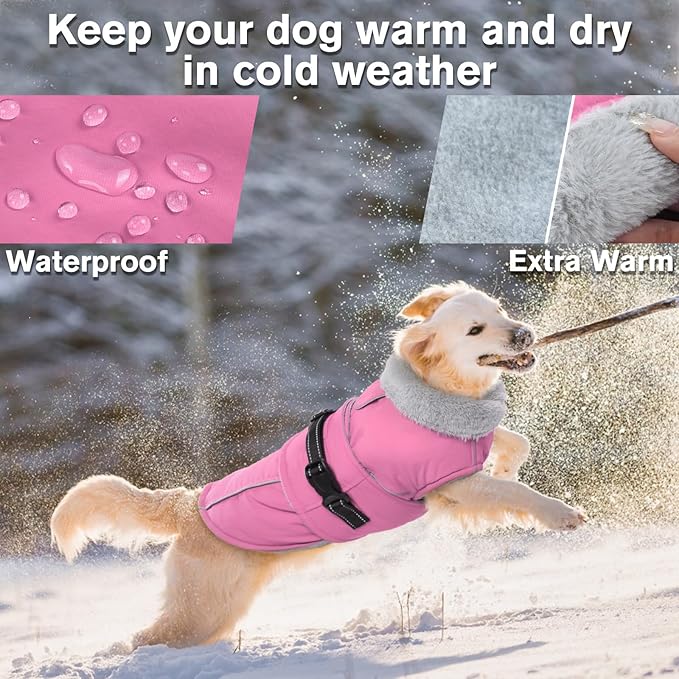 Lelepet Warm Dog Coats for Small Dogs Waterproof Dog Winter Jacket Reflective Pet Fleece Vest Windproof Cold Weather Coats with Adjustable Buckle & Leash Hole, Pink, S