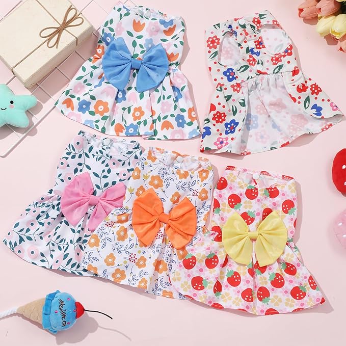 Saintrygo 5 Pieces Dog Dresses for Small Pet Girls Floral Puppy Dresses Dog Princess Bowknot Dress Cute Summer Outfits Cat Clothes for Female Cat Small Pets, 5 Styles(XS)