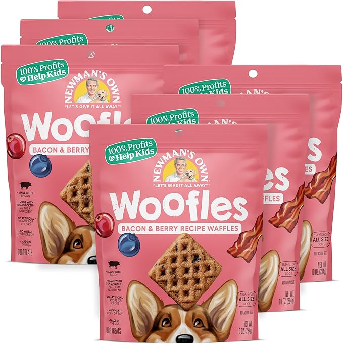 Newman's Own Bacon & Berry Woofles Waffle Dog Treats, 10 oz Bag (Pack of 6) — Soft & Chewy Waffles, No Artificial Flavors or Colors, Wholesome Training Rewards, Made in USA