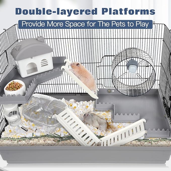 Multilevel Hamster Cage Starter Kit 22″Lx12″Wx15″H for Single Hamster Under 5″ in Body Length with Platforms, Exercise Wheel, Hide-House, Water Bottle, Bathtub, Food Bowl, Ladder, Tube Ports