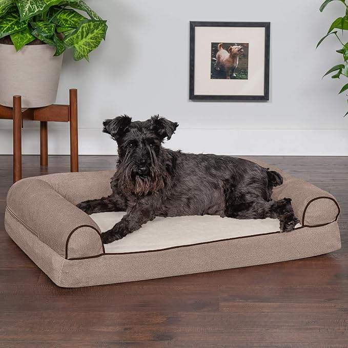 Furhaven Memory Foam Dog Bed for Medium/Small Dogs w/ Removable Bolsters & Washable Cover, For Dogs Up to 35 lbs - Sherpa & Chenille Sofa - Cream, Medium