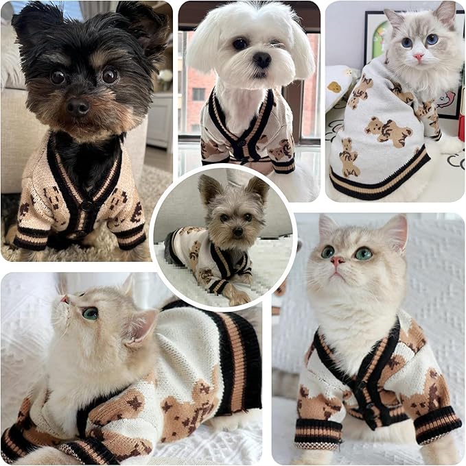 Small Dog Sweaters Cute Bear Dog Cardigans Clothes for Small Medium Dogs Boy Girl Puppy Cat Knitting Cardigan Outfits Dogs Autumn Coats Warm Pet Doggy Clothes Soft Knitwear Apparel (Beige,L)
